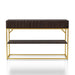 Front-facing contemporary walnut gold console table on a white background. Slim gold steel base and geometric texture wood drawer fronts. Open middle shelf for decor.
