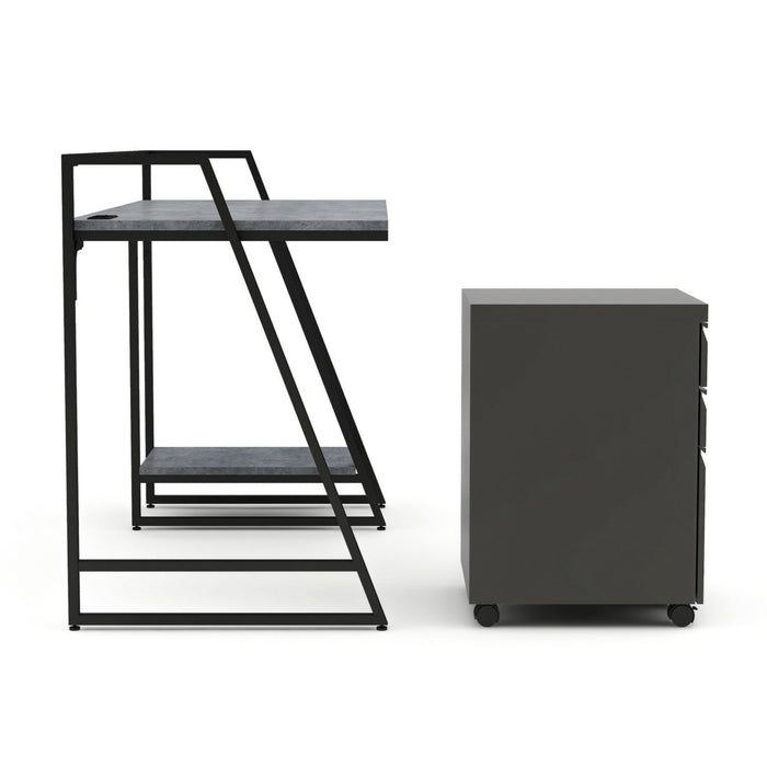 Right-facing urban grey computer desk and file pedestal set against a white background. The black-framed desk features a lower open shelf. The gunmetal file pedestal sits on wheels.
