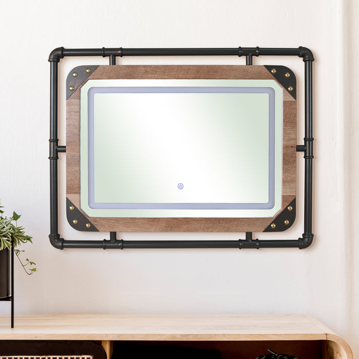 Dolen Sand Black Metal and Wood Frame Wall Mount Mirror with LED Light