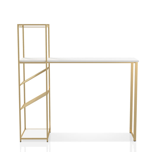Straight-facing high gloss white and gold bar table against a white background. A built-in tier on the left side accompanies the white tabletop. Two shelves sandwich hanging stemware racks and 8-bottle wine racks.