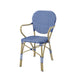 Left-angled blue patio bistro armchair against a white background.