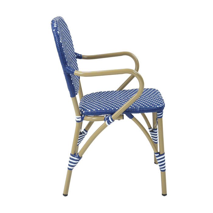 Right-facing blue patio bistro armchair against a white background.