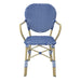 Front-facing blue patio bistro armchair against a white background.