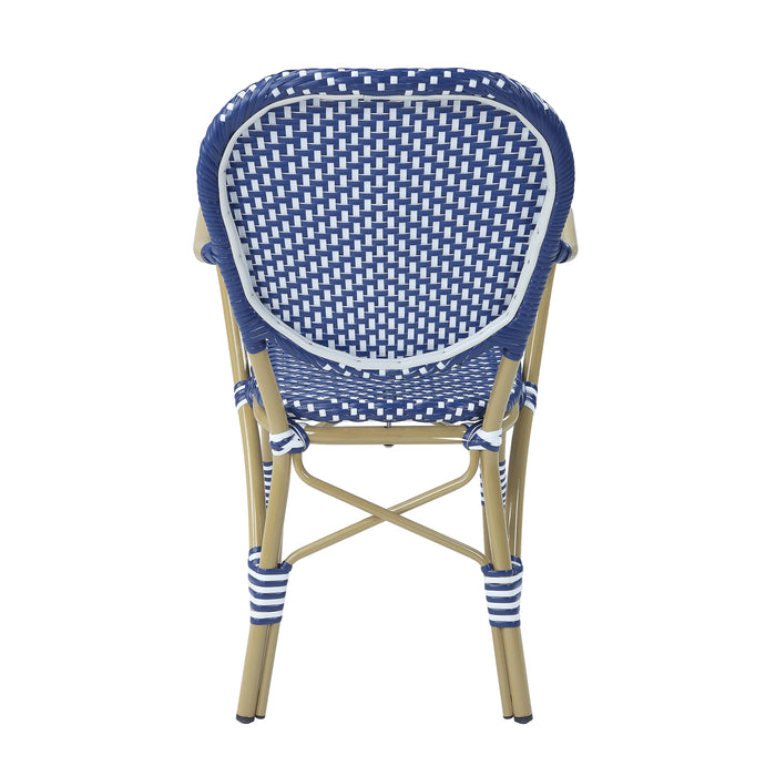 Backside of a blue patio bistro armchair against a white background.