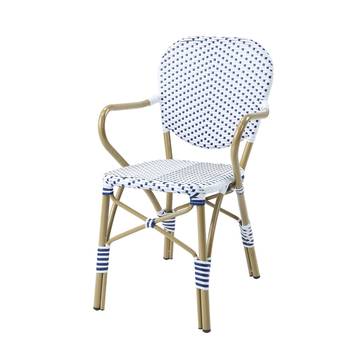 Left-angled white patio bistro armchair against a white background.