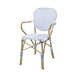 Left-angled white patio bistro armchair against a white background.