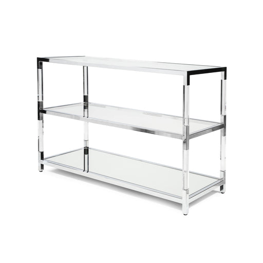 Left angled view of modern clear acrylic and chrome sofa table with glass and mirror shelves on a white background