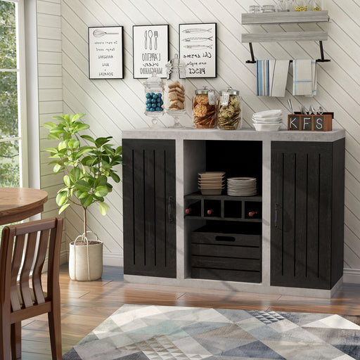 Left-angled black and cement-like wine bar cabinet in a farmhouse dining room. 