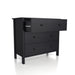 Right-angled transitional three-drawer dresser in black wood grain with top drawer open on a white background