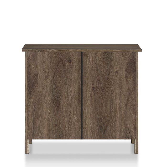 Front-facing back view transitional three-drawer dresser in distressed walnut on a white background