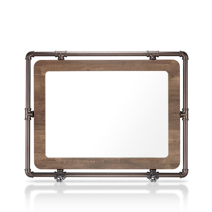 Front-facing industrial reclaimed oak rectangular mirror on white background