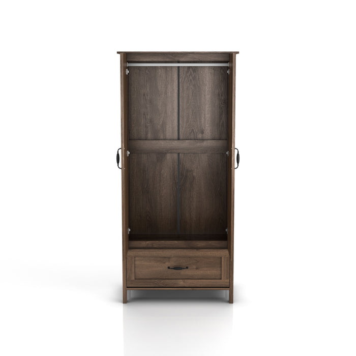 Front-facing tall wardrobe cabinet with one drawer and two open doors in a medium distressed walnut finish on a white background