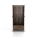 Front-facing tall wardrobe cabinet with one drawer and two open doors in a medium distressed walnut finish on a white background