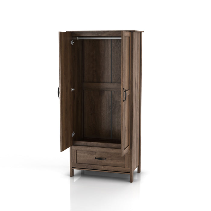 Left-angled tall wardrobe cabinet with one drawer and two open doors in a medium distressed walnut finish on a white background