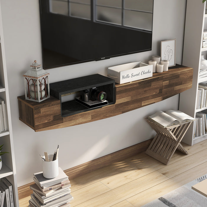 Top view of a light hickory wall-mounted TV console in a contemporary living room. A TV is mounted just above the console.
