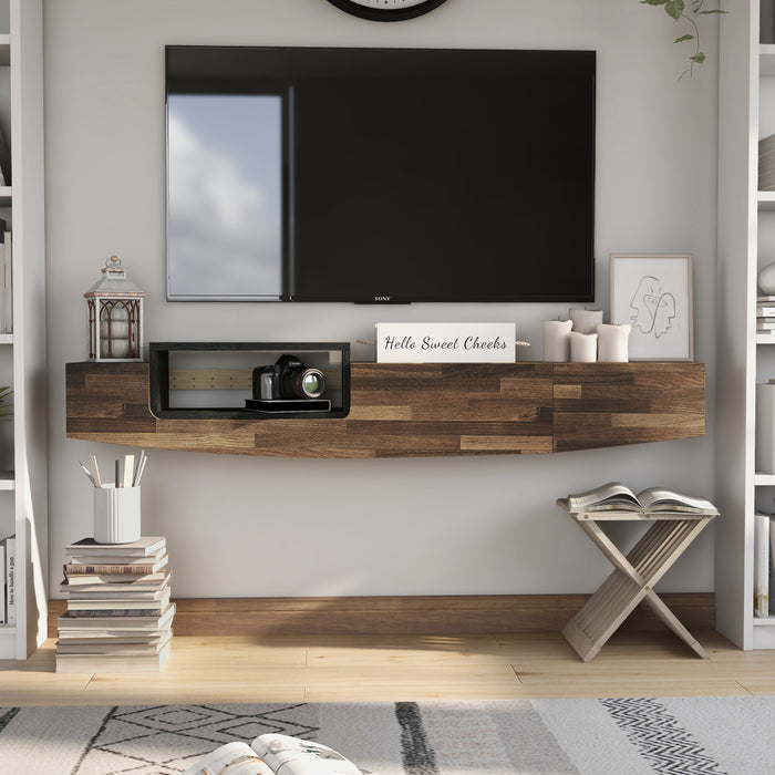 Front-facing light hickory wall-mounted TV console in a contemporary living room. A TV is mounted just above the console.