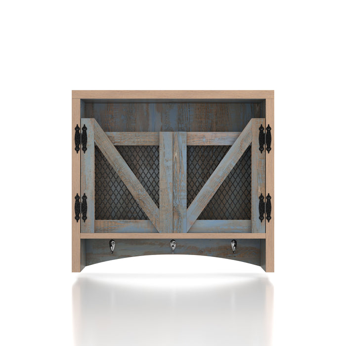 Front-facing rustic distressed blue wall cabinet with metal mesh doors on a white background