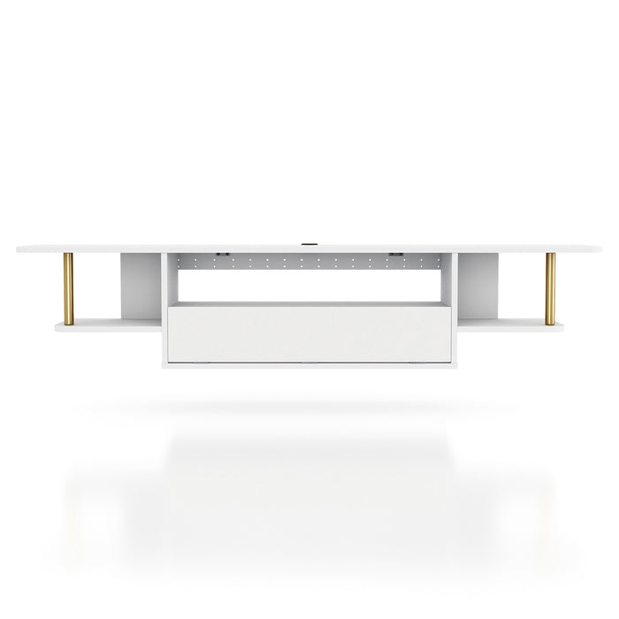 Front-facing modern white floating TV console with three shelves on a white background
