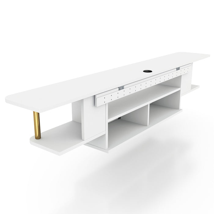 Right angled back view of a modern white floating TV console with three shelves on a white background
