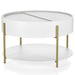 Angled modern round white storage coffee table with a sliding top on a white background