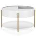 Front-facing modern round white storage coffee table with its sliding top open on a white background