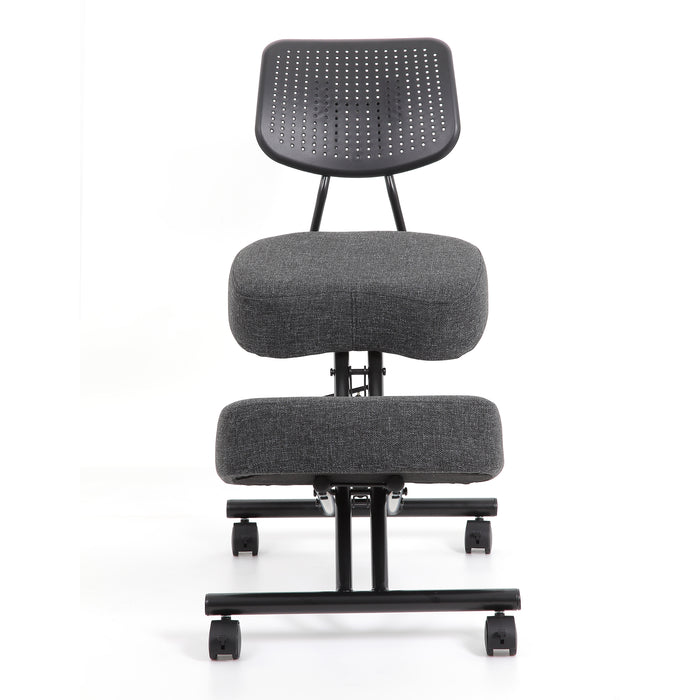 Front-facing modern gray ergonomic kneeling chair with wheels on a white background