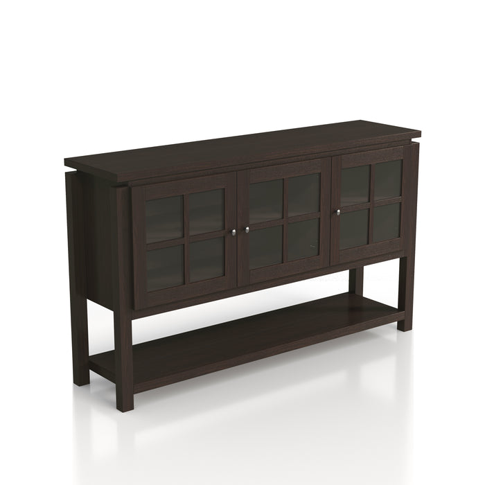Right-angled walnut buffet against a white background. The windowpane glass cabinets display a traditional style, while the elevated tabletop is a modern look. An open lower shelf also offers more storage for dining essentials or decor.