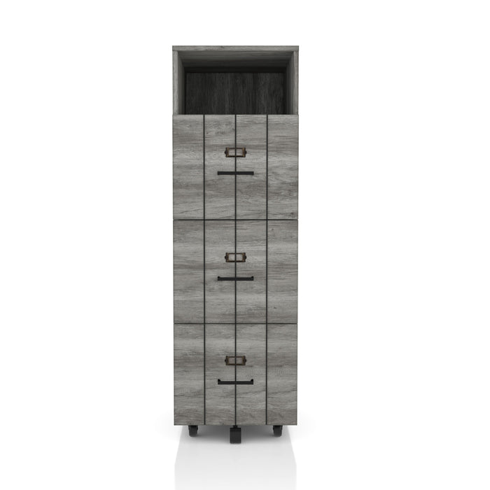 Front-facing rustic distressed gray three-drawer filing cabinet with wheels on a white background
