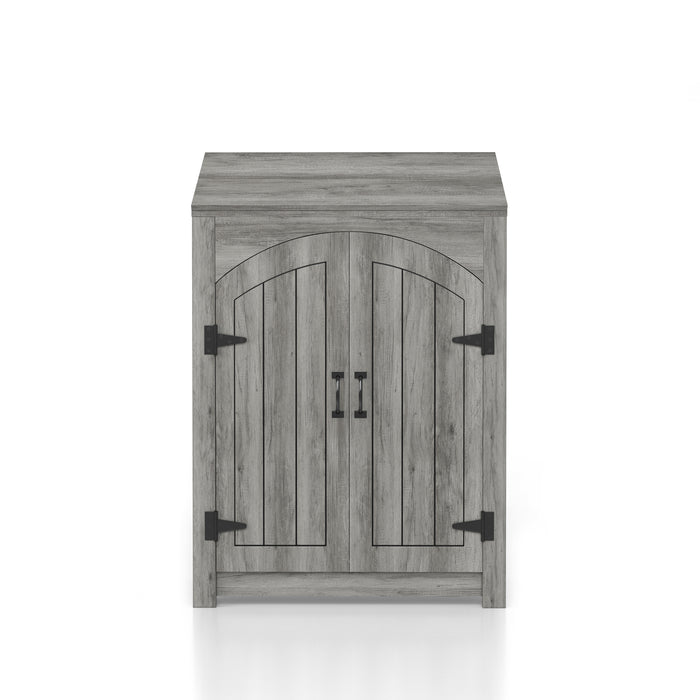 Front-facing transitional vintage gray oak shoe cabinet with adjustable shelves and flip top shelf over a white background. Rustic black door pulls and black hinges.