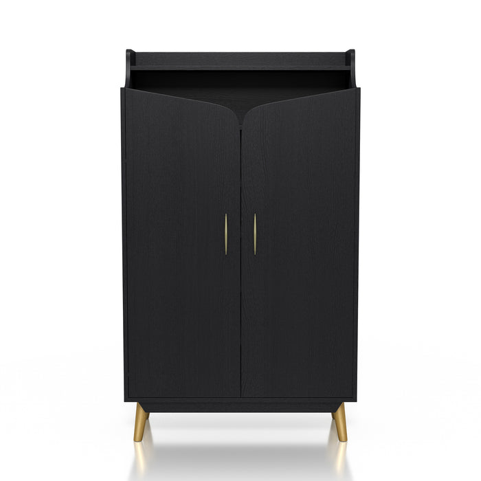 Front-facing modern black shoe cabinet with open upper shelf on white background. Slim gold finish pulls and flared legs.