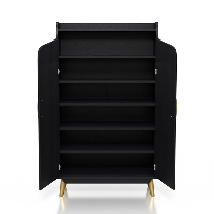 Front-facing modern black shoe cabinet opened to reveal five shelves on white background. Slim gold finish pulls and flared legs.