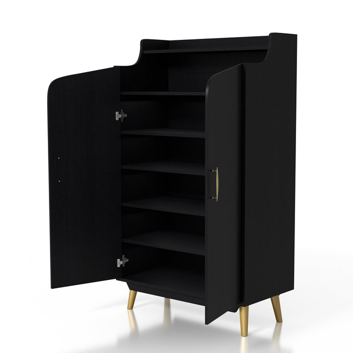 Left-facing modern black shoe cabinet opened to reveal five shelves and curved doors on white background. Slim gold finish pulls and flared legs.