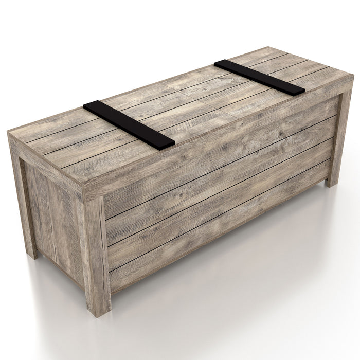 Right angled bird's eye view of a rustic weathered oak storage bench with a sliding top on a white background