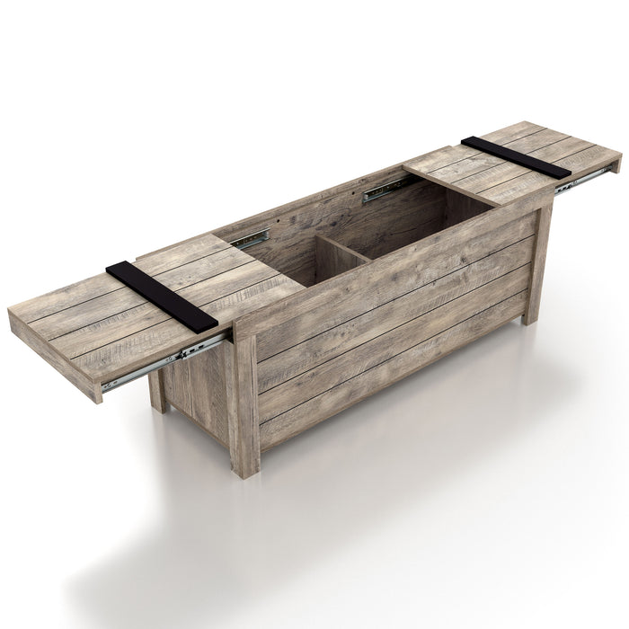 Right angled bird's eye view of a rustic weathered oak storage bench with its sliding top open on a white background