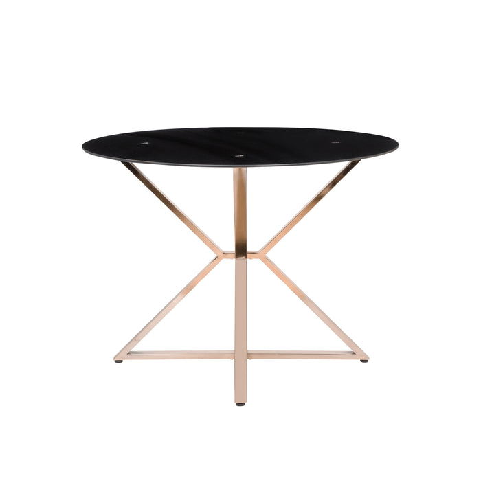 Front-facing modern glam dining table with a two-tone black and gold finish and bold, geometric base on a white background