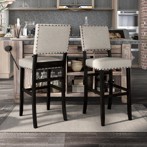 Beige linen-like fabric and antique black counter-height chair against with accessories. The square back and seat are accented with nailhead trim.