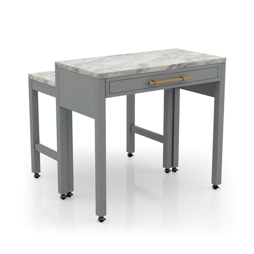 Right angled view of contemporary light gray nesting counter height table with casters and drawer on a white background
