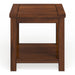 Front-facing view of transitional cherry wood end table with open bottom shelf on a white background