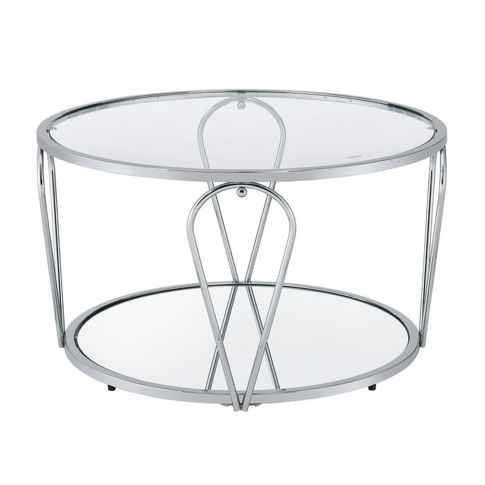 Side-facing modern round chrome steel coffee table with open teardrop shape legs, a tempered glass top, and mirror open bottom shelf on a white background.