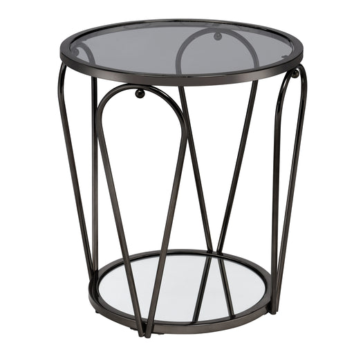 Right angled modern round black nickel end table with open teardrop shape steel legs, a gray tempered glass top, and mirror open bottom shelf on a white background.
