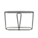 Front-facing modern black nickel console table with open teardrop shape steel frame, a rounded gray tempered glass top, and mirror open bottom shelf on a white background.