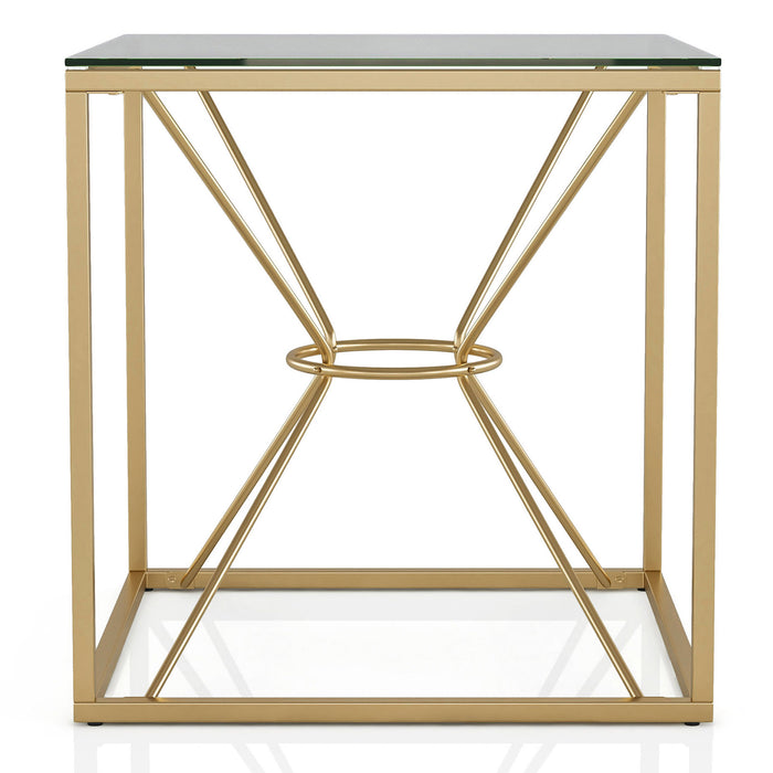 Front-facing glam gold and glass square end table on a white background