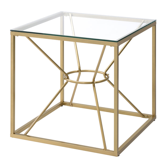 Left angled glam gold and glass square end table on a white background