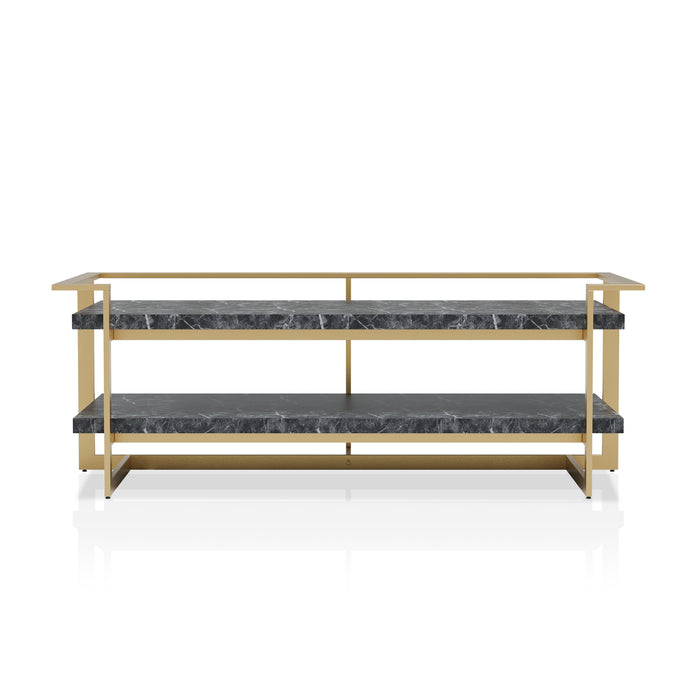 Front-facing contemporary gold steel coffee table on a white background. Black faux marble tabletops offer glam look and ample storage space.
