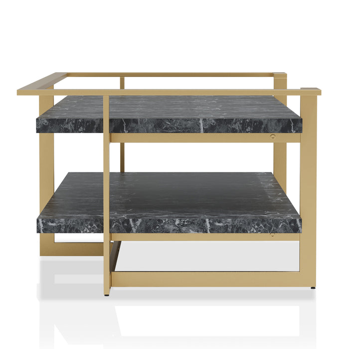 Side-facing contemporary gold steel coffee table on a white background. Black faux marble tabletops offer glam look and ample storage space.