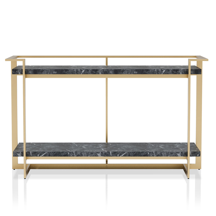Front-facing modern glam gold and faux marble console table on a white background