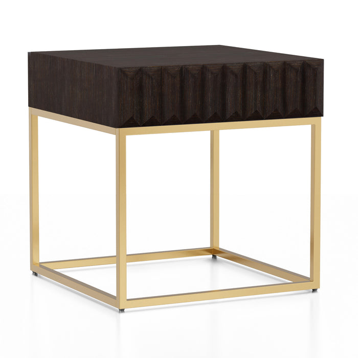 Right angled contemporary walnut gold end table on a white background. Slim gold steel base and geometric texture wood drawer front offers lovely attention to detail.