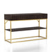 Right angled contemporary walnut gold console table on a white background. Slim gold steel base and geometric texture wood drawer fronts. Open middle shelf for decor.