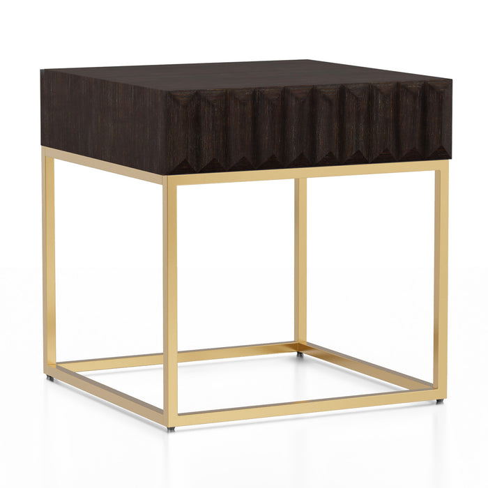 Right angled contemporary walnut gold end table on a white background. Slim gold steel base and geometric texture wood drawer front.