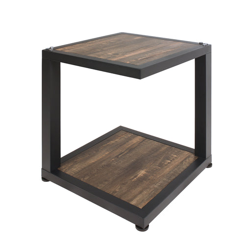 Right angled urban walnut end table with sand black frame and rivets on a white background.